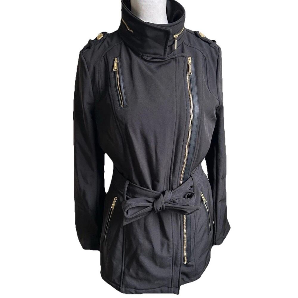 Michael Kors Trench Coat Womens XS Black Hooded Belted Zip Lined NWT